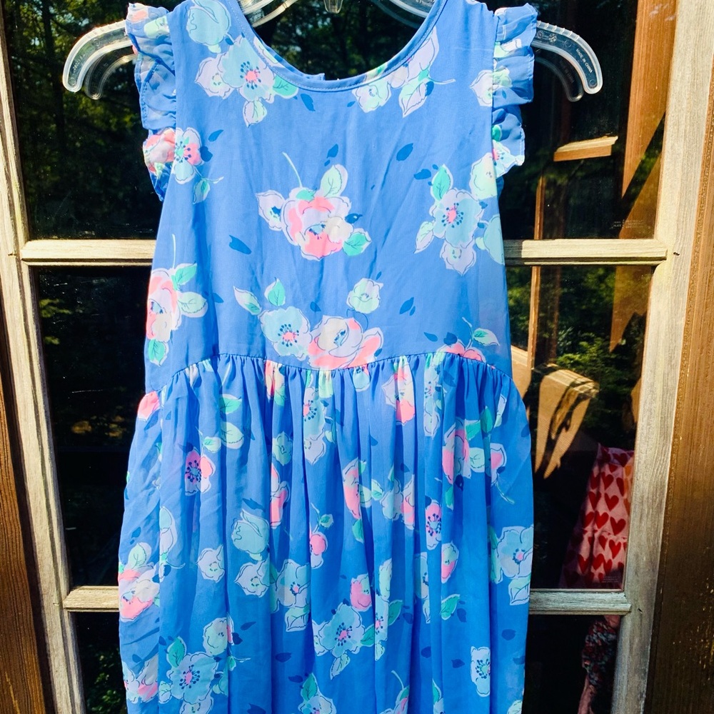Girls Blue Floral Ruffle Sleeve Dress